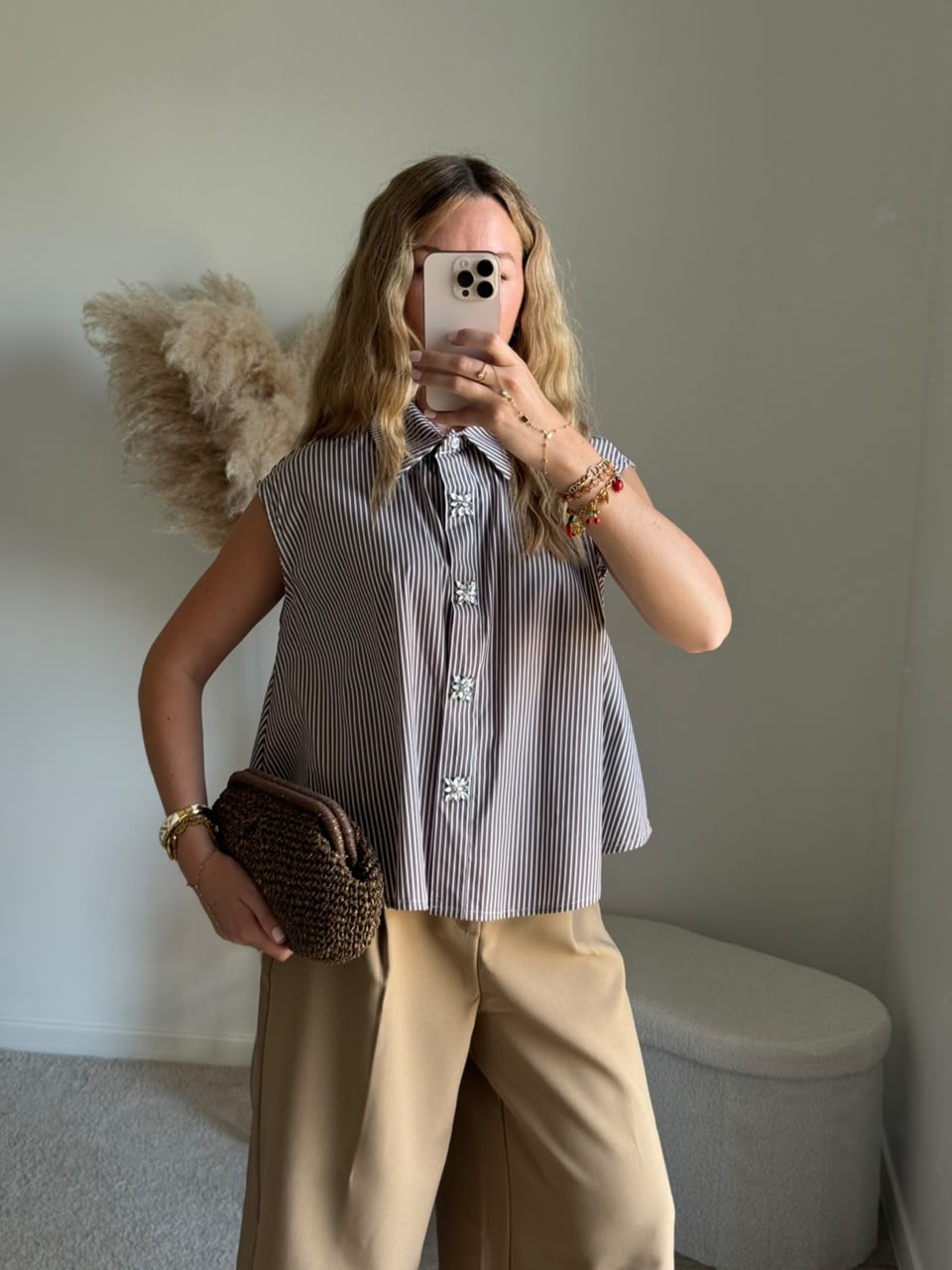 Chemise sans manches à rayures et boutons bijoux - Marron