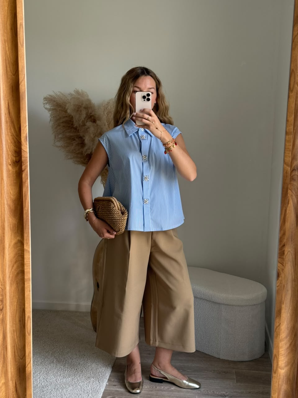 Chemise sans manches à rayures et boutons bijoux - Bleu