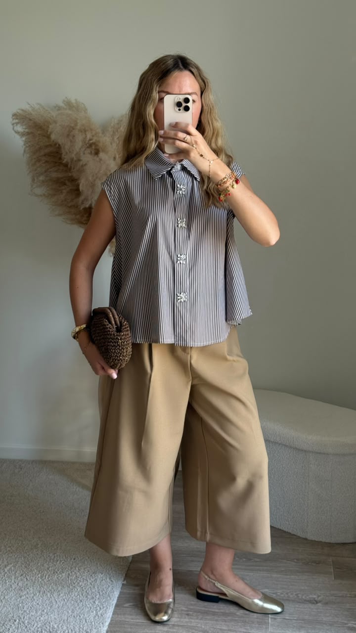 Chemise sans manches à rayures et boutons bijoux - Marron