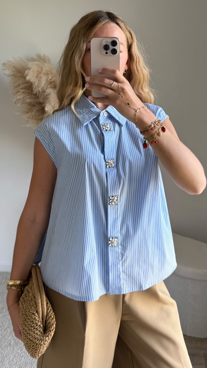 Chemise sans manches à rayures et boutons bijoux - Bleu