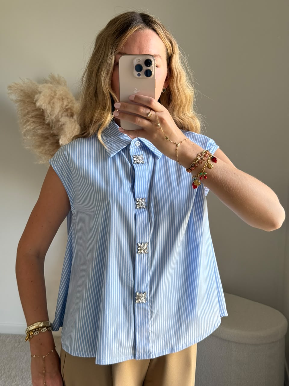 Chemise sans manches à rayures et boutons bijoux - Bleu