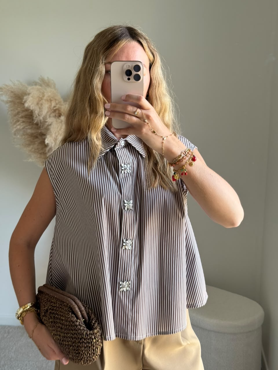 Chemise sans manches à rayures et boutons bijoux - Marron