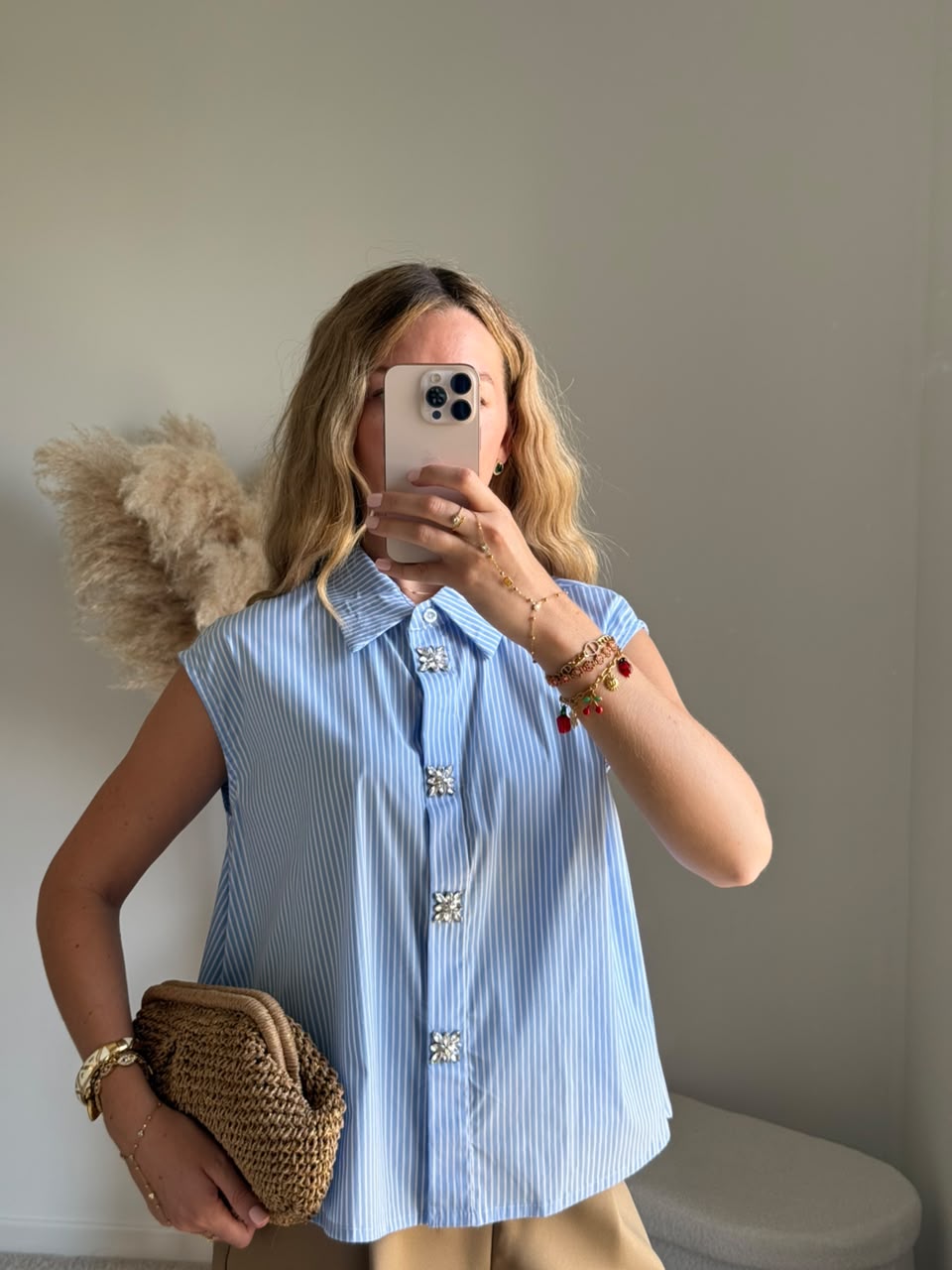 Chemise sans manches à rayures et boutons bijoux - Bleu
