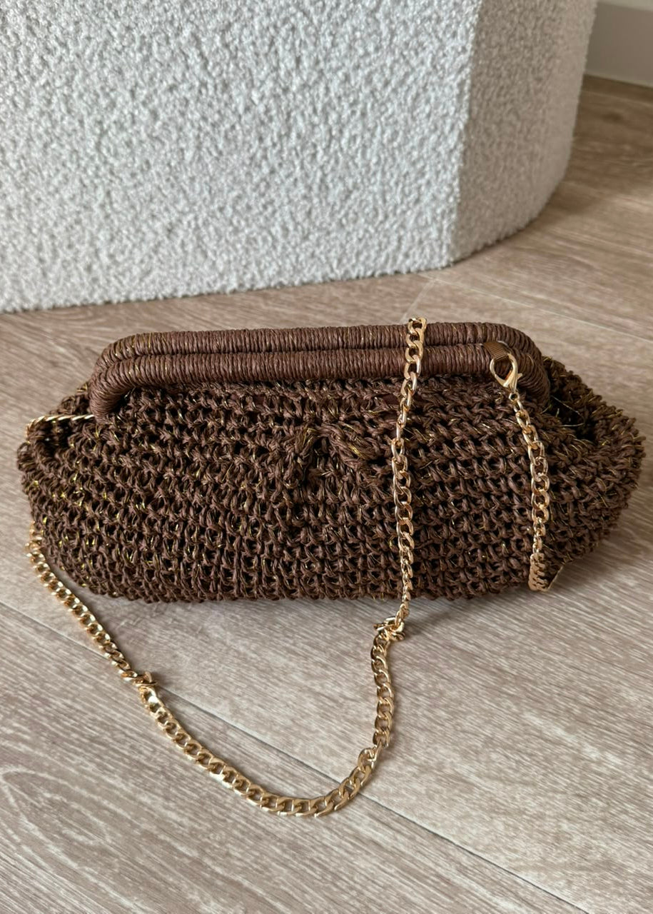 Sac pochette tressé à fils métallisés - Chocolat