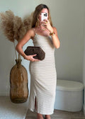 Robe longue en maille texturée à rayures - Beige