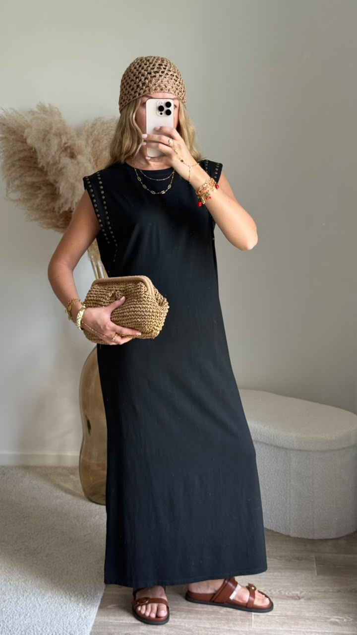 Robe longue droite à détails cloutés - Noir
