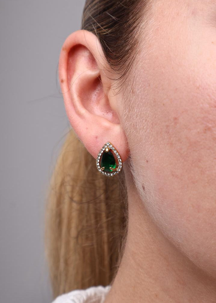 Boucle d'oreille puce goutte pierre verte et strass