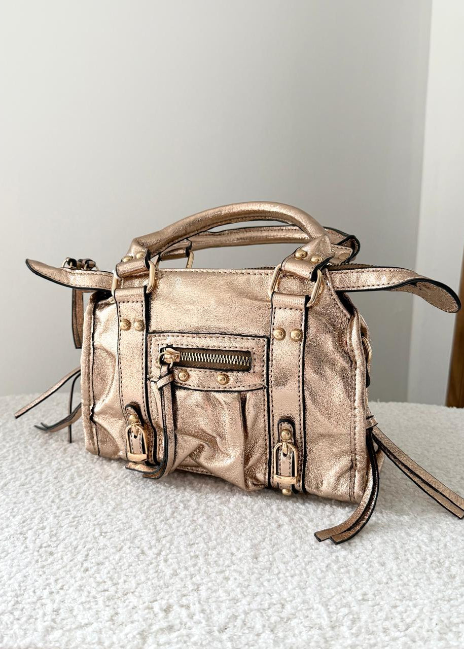 Sac à Main Style Motard Rose à Détails Dorés