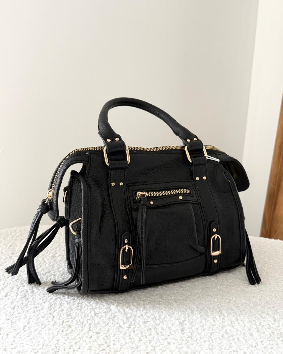 Sac à Main Style Motard Noir à Détails Dorés
