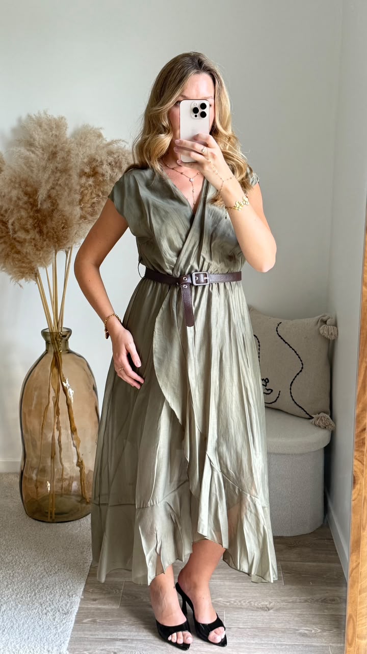 Robe Fluide Drapée à Ceinture - Vert khaki