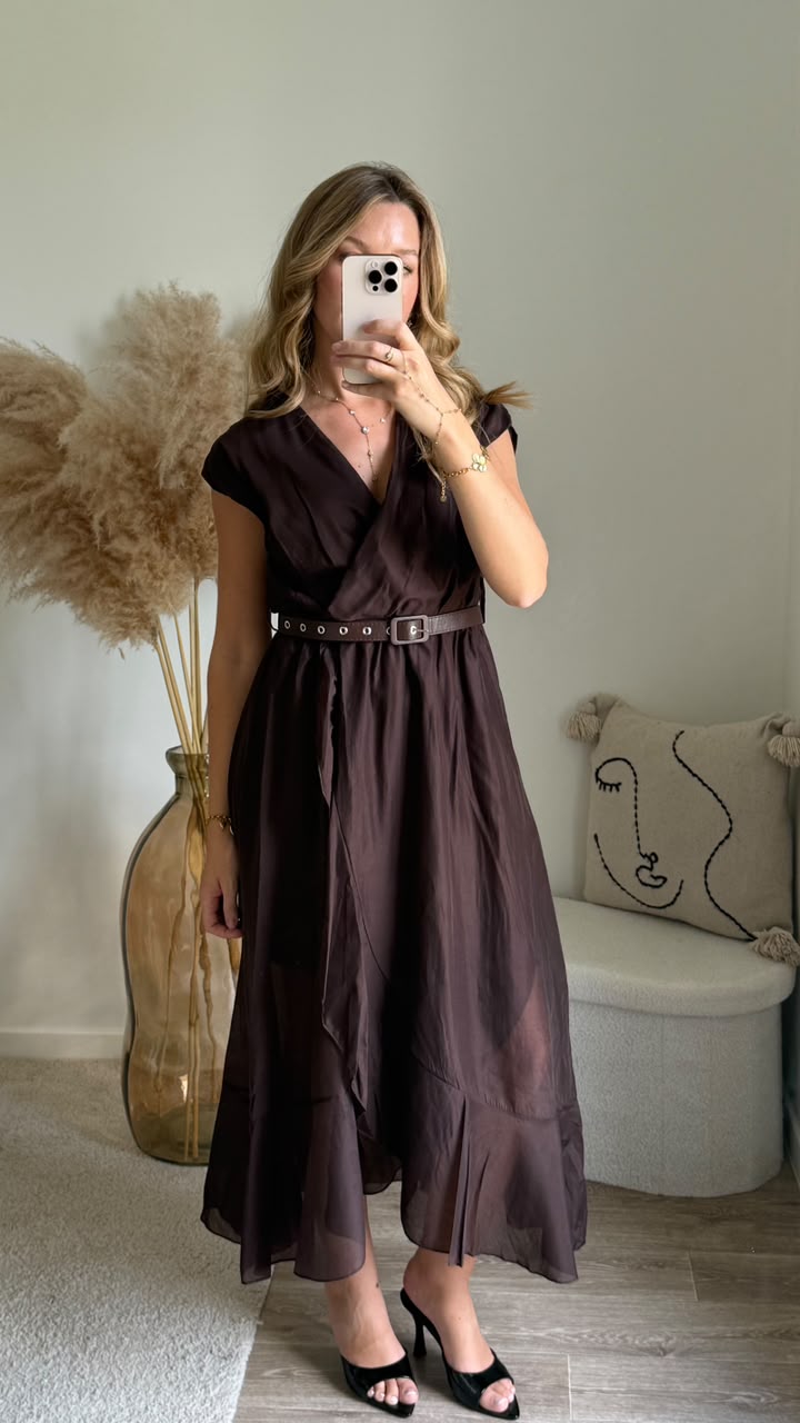 Robe Fluide Drapée à Ceinture - Marron