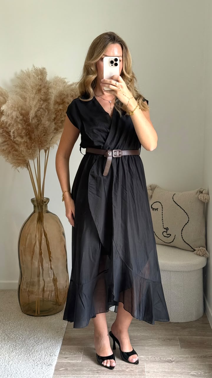 Robe Fluide Drapée à Ceinture - Noir