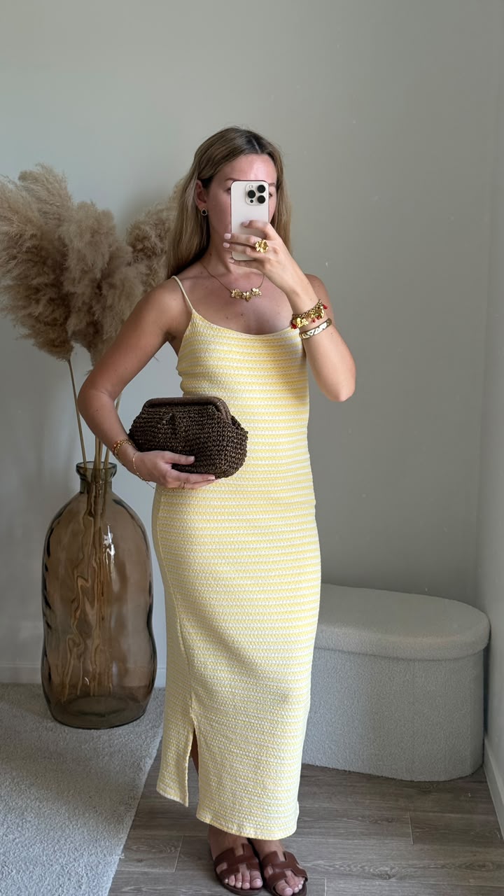 Robe longue en maille texturée à rayures - Jaune